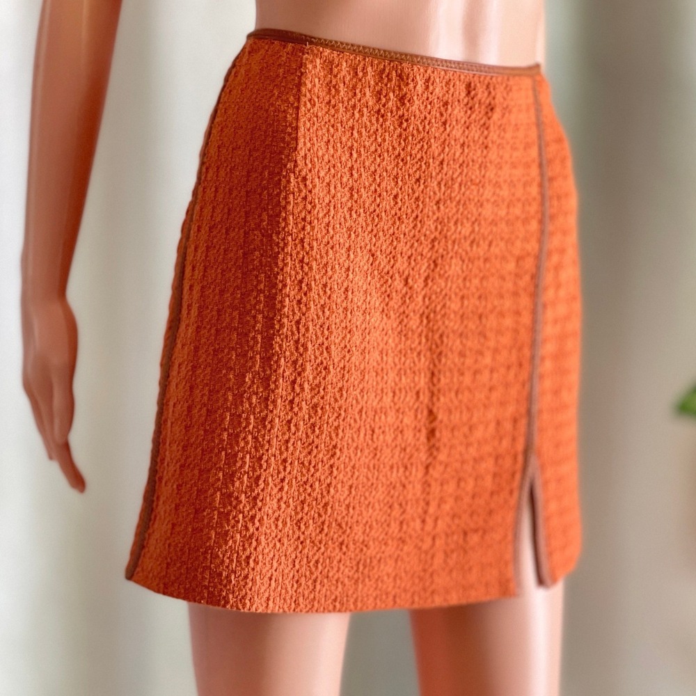 Nanushka Orange Cotton Flax Blend Woven Textured Mini Skirt Faux Leather Trim S